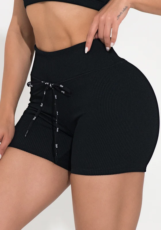 Short Fitness Feminino Preto Canelado Com Cadarço Action Dlk PRETO / G