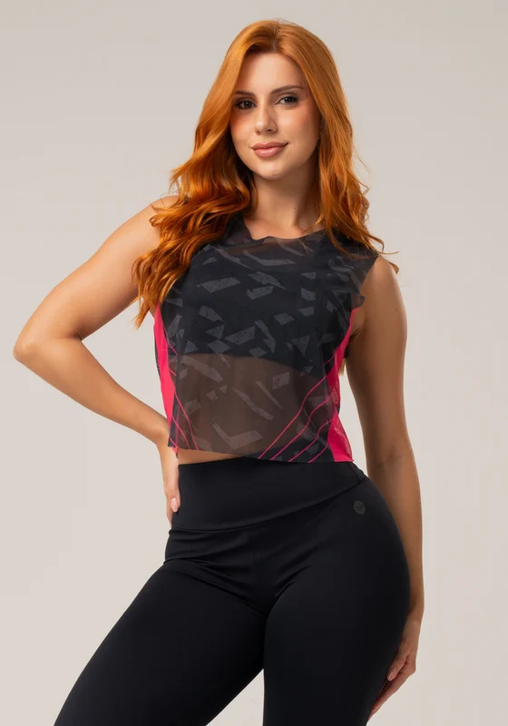 Cropped Feminino Em Tule New Printed Estampado Abstrato Pink Dlk CINZA / GG