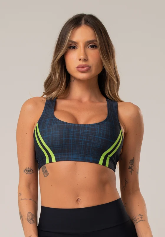 Top Fitness Feminino New Printed Estampado Mix Geo Neon Dlk AZUL MARINHO / G