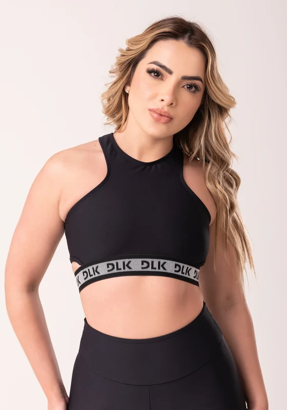 Top Fitness Feminino Cut Out Preto Com Elástico Canelado Intense Dlk PRETO / M