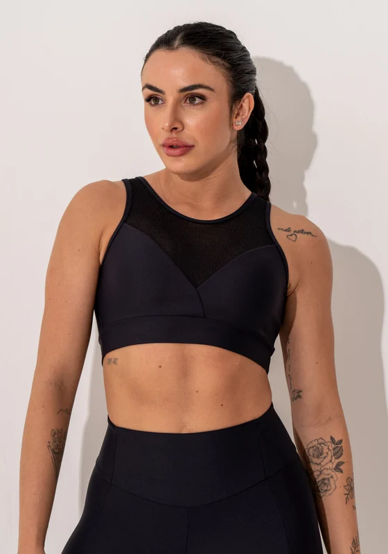 Top Fitness Feminino Preto Com Recortes Em Tela E Detalhe Vazado Intense Dlk PRETO / M