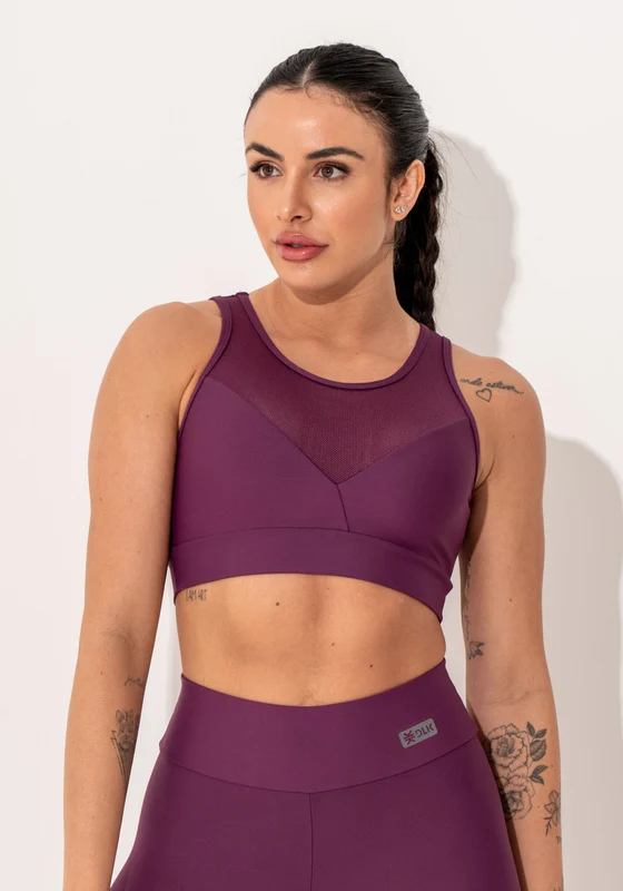 Top Fitness Feminino Malbec Com Recortes Em Tela E Detalhe Vazado Intense Dlk VINHO / GG