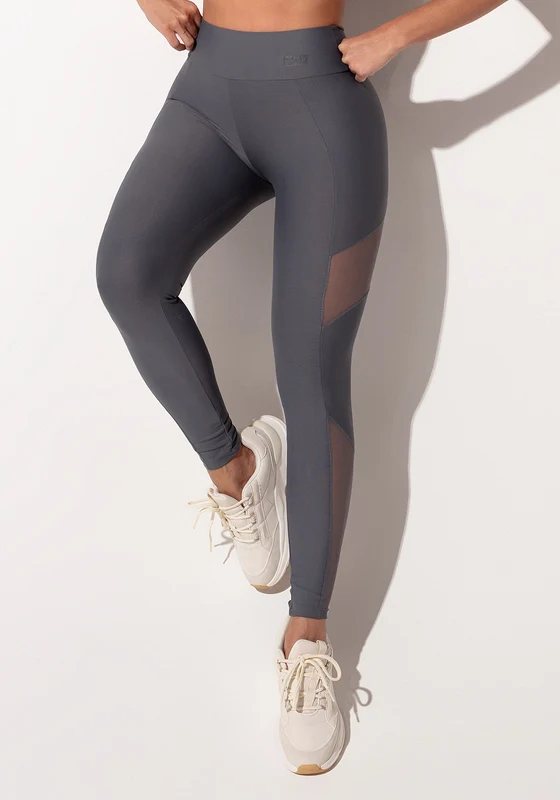 Legging Fitness Feminina Grafite Com Recortes Em Tule Intense Dlk CINZA / GG