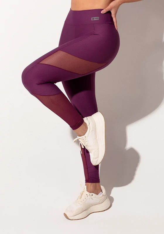 Legging Fitness Feminina Malbec Com Recortes Em Tule Intense Dlk VINHO / M