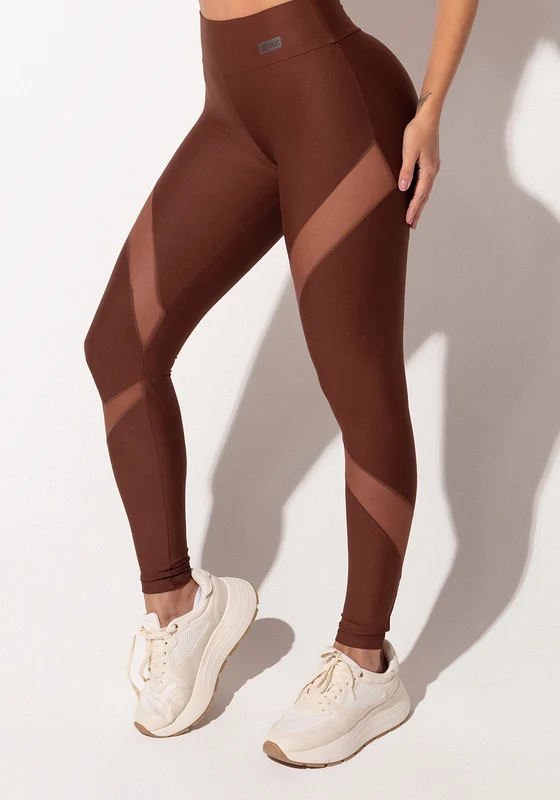 Legging Fitness Feminina Marrom Com Recortes Em Tule Intense Dlk MARROM / M