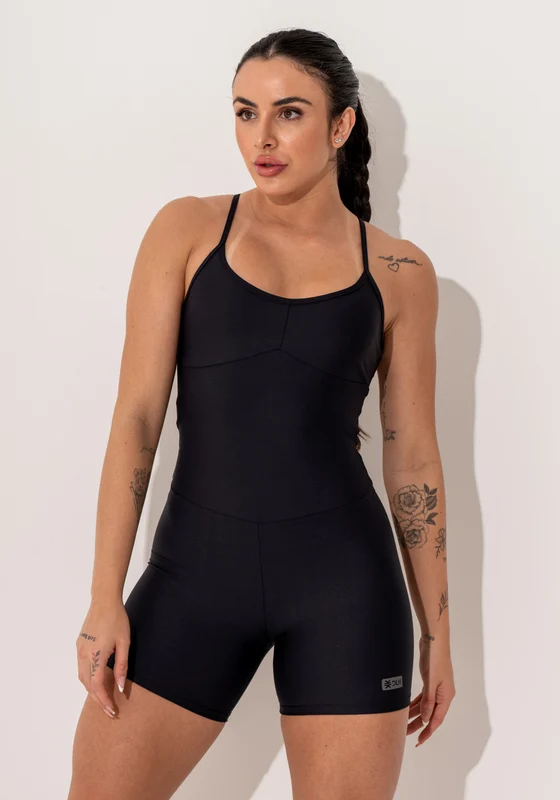 Macacão Curto Fitness Feminino Preto Com Detalhe Em Tela Intense Dlk PRETO / P
