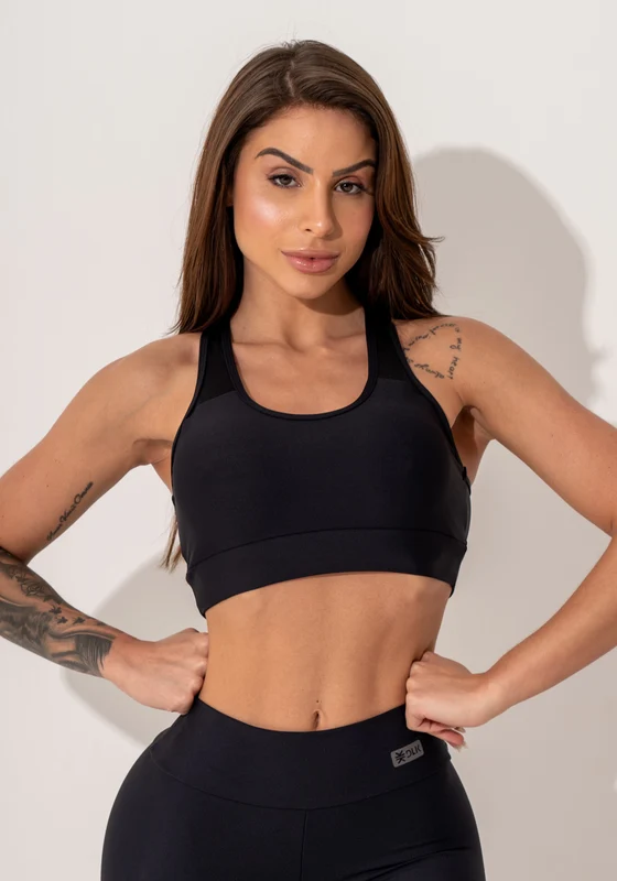 Top Fitness Feminino Nadador Preto Com Recortes Em Tela Intense Dlk PRETO / GG