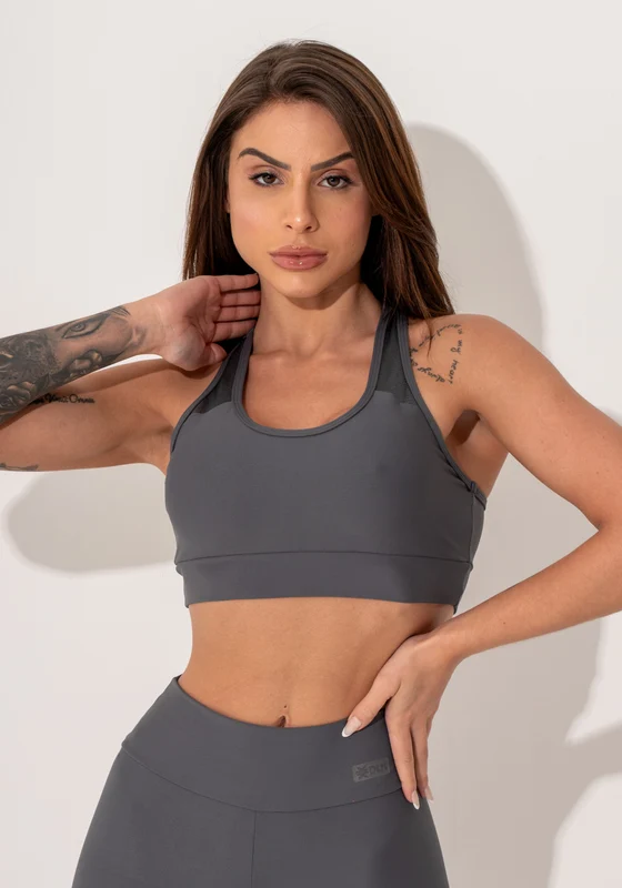 Top Fitness Feminino Nadador Grafite Com Recortes Em Tela Intense Dlk CINZA / GG