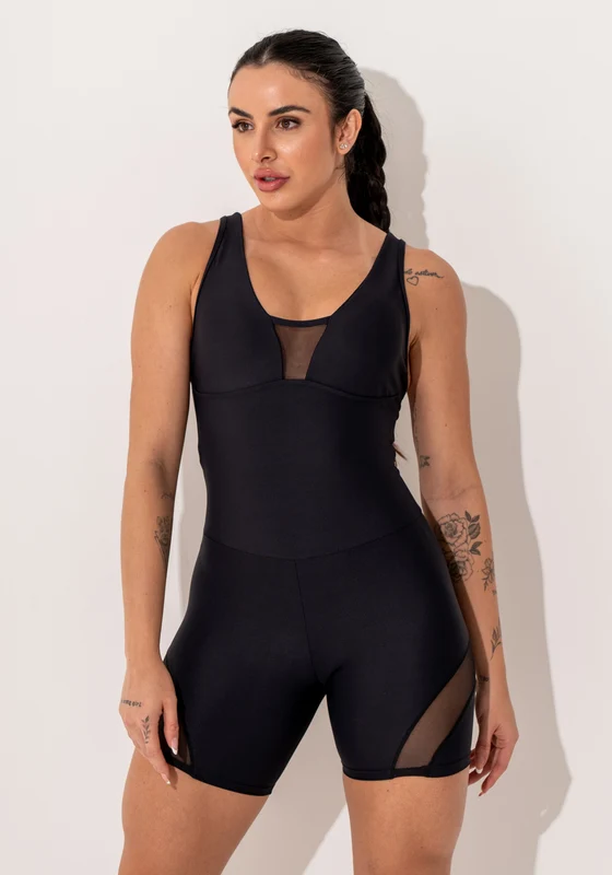 Macacão Curto Fitness Preto Com Bojo E Recortes Em Tule Intense Dlk PRETO / GG