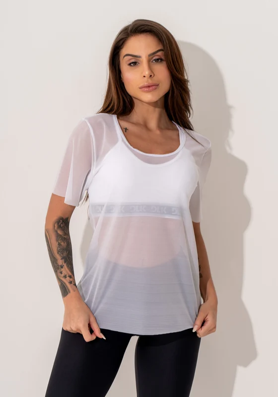 Blusa Fitness Feminina Manga Curta Tule Branco Intense Dlk BRANCO / GG