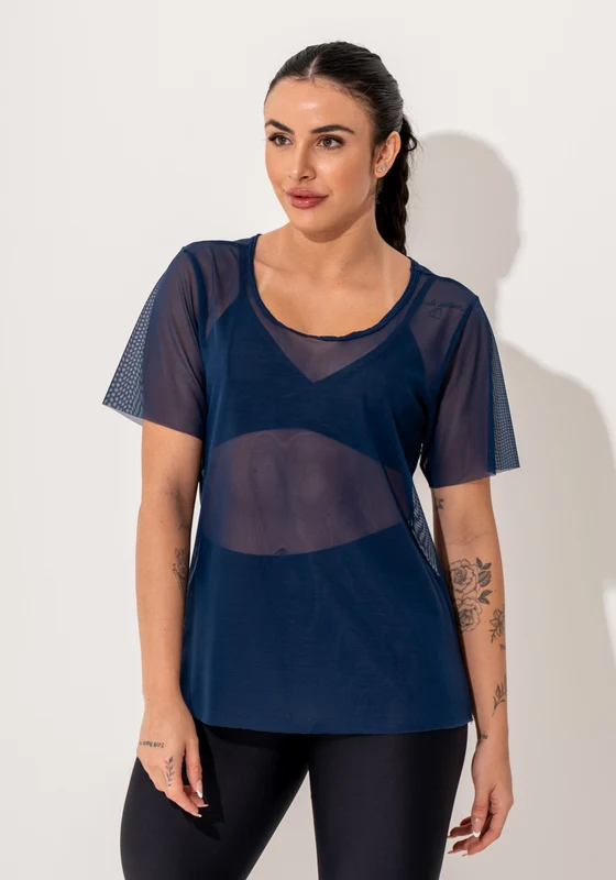 Blusa Fitness Feminina Manga Curta Tule Marinho Intense Dlk AZUL MARINHO / M