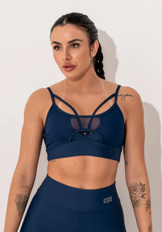 Top Fitness Feminino Marinho Com Tiras Frontais E Detalhe Em Tule Intense Dlk AZUL MARINHO / P