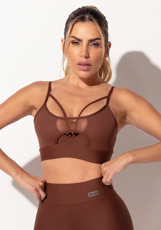 Top Fitness Feminino Marrom Com Tiras Frontais E Detalhe Em Tule Intense Dlk MARROM / M