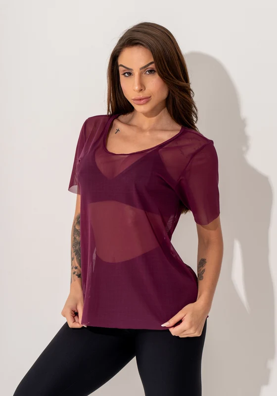 Blusa Fitness Feminina Manga Curta Tule Malbec Intense Dlk VINHO / G