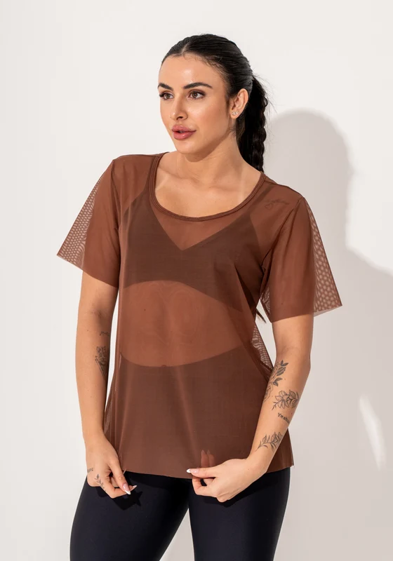 Blusa Fitness Feminina Manga Curta Tule Marrom Intense Dlk MARROM / G