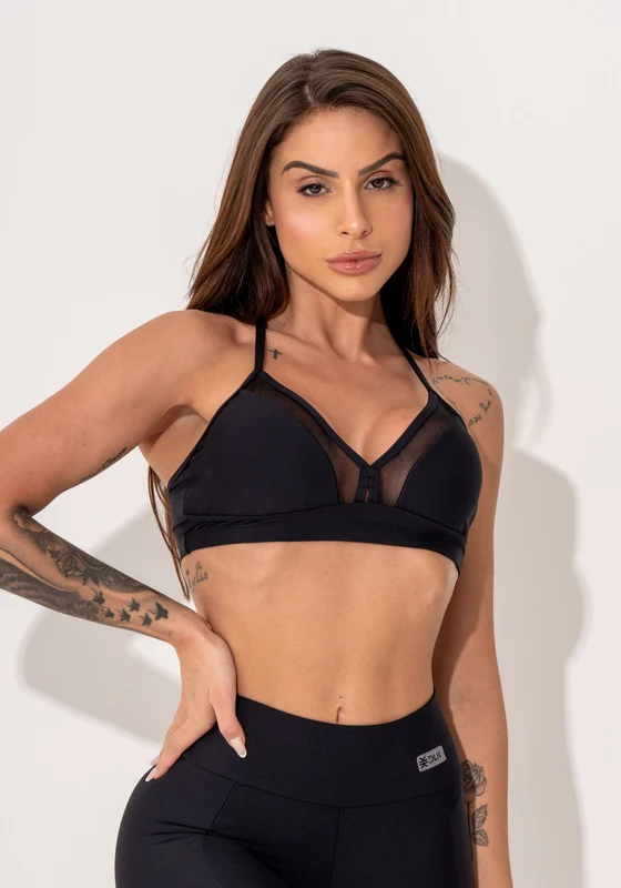 Top Fitness Feminino Preto De Alcinha Com Detalhe Em Tule Intense Dlk PRETO / P