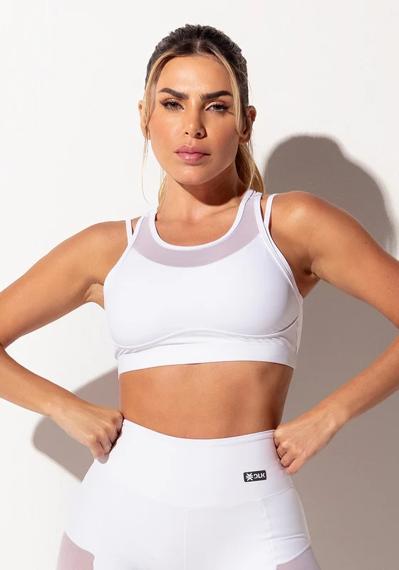 Top Fitness Feminino Branco Com Tule Sobreposto Intense Dlk BRANCO / P