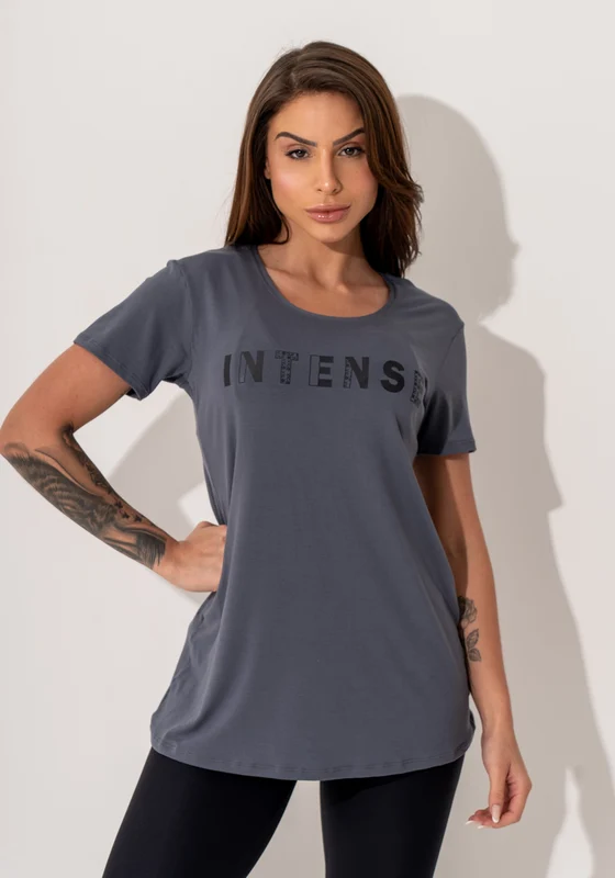 Blusa Fitness Feminina Cinza Viscolycra Com Silk Logomania Intense Dlk CINZA / GG