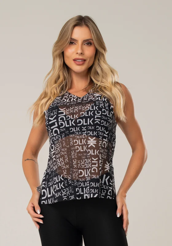 Camiseta Fitness Feminina Preto Estampado Abertura Lateral Frases Intense Dlk PRETO E BRANCO / GG