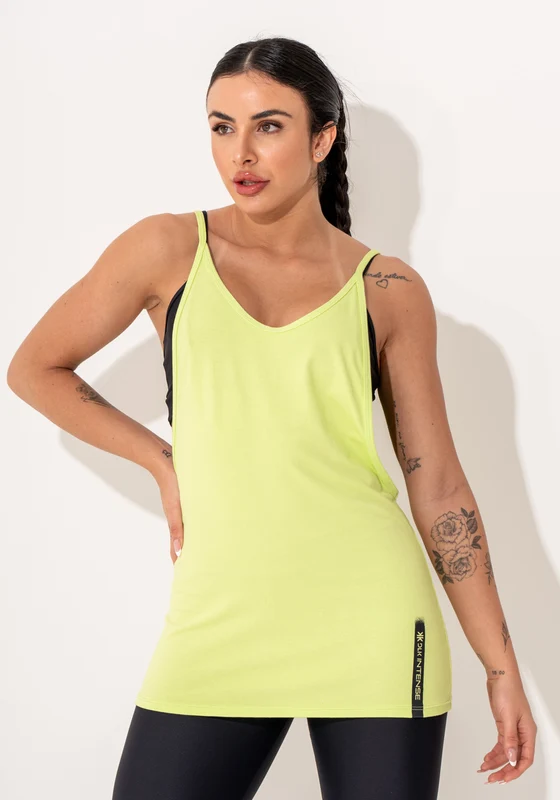 Camiseta Fitness Feminina Viscolycra Verde Limão Maxxi Cava com Silk Intense Dlk VERDE / GG