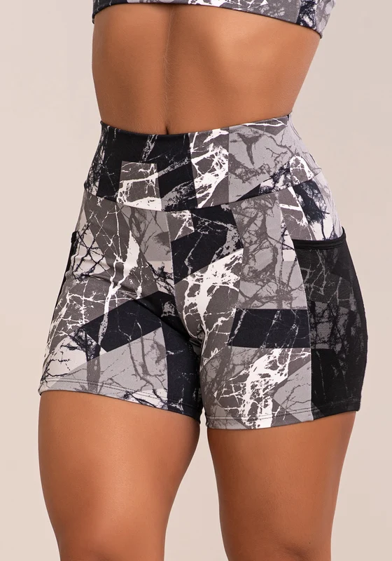 Short Fitness Feminino Euphoria Com Bolso E Tule Estampa Abstract Marble Dlk CINZA / G