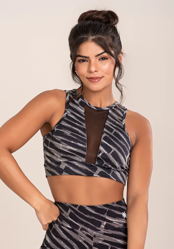 Top Fitness Feminino Euphoria Com Recortes Em Tule Estampa Brush Black Dlk CINZA / GG