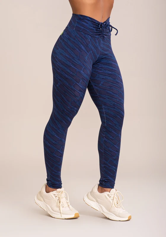 Legging Fitness Feminina Euphoria Com Franzido E Amarração Estampa Brush Blue Dlk AZUL MARINHO / G