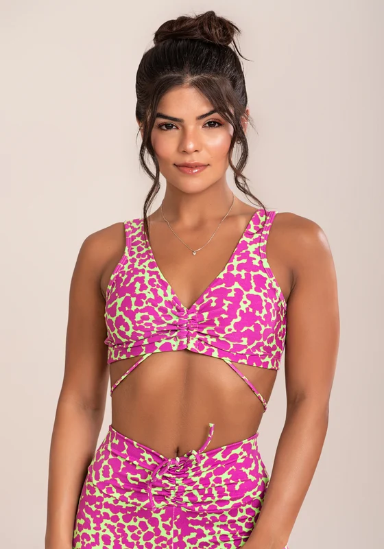 Top Fitness Feminino Euphoria Com Franzido E Amarração Estampa Spot Green Dlk COLORIDO / GG