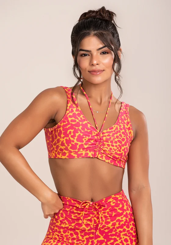 Top Fitness Feminino Euphoria Com Franzido E Amarração Estampa Spot Orange Dlk LARANJA / P