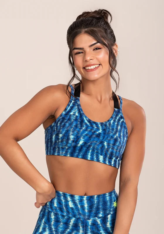 Top Fitness Feminino Euphoria Com Alça Dupla Estampa Animal Blurred Dlk AZUL / GG