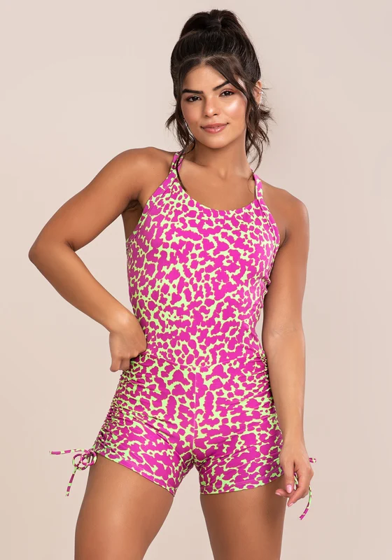 Macacão Curto Fitness Feminino Euphoria Com Franzido E Amarração Estampa Spot Green Dlk COLORIDO / G