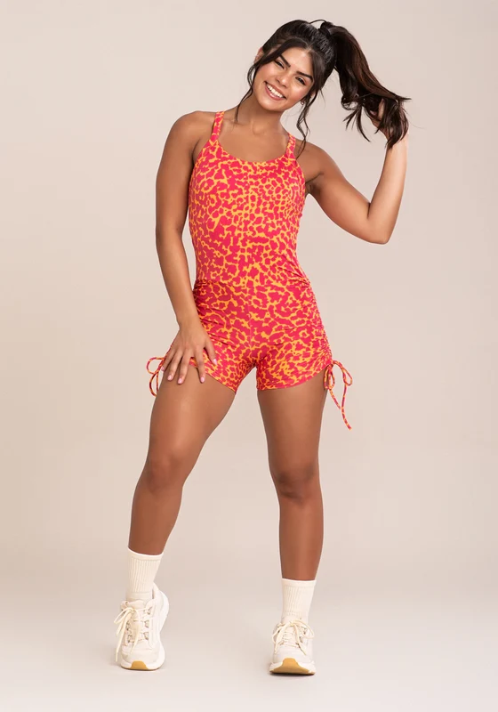 Macacão Curto Fitness Feminino Euphoria Com Franzido E Amarração Estampa Spot Orange Dlk LARANJA / G