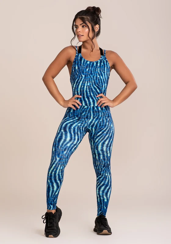 Macacão Fitness Feminino Euphoria Com Alça De Elástico Estampa Animal Blurred Dlk AZUL / GG