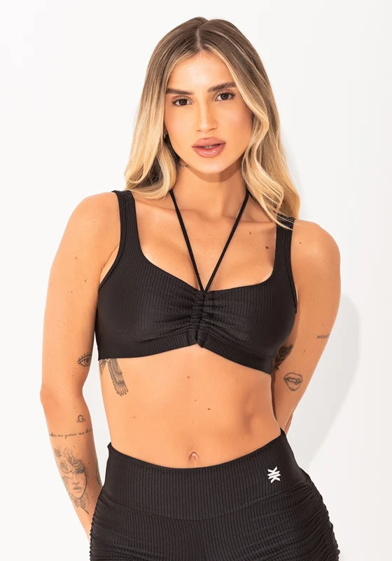 Top Fitness Feminino Preto Canelado Com Amarração Elegance Dlk PRETO / M