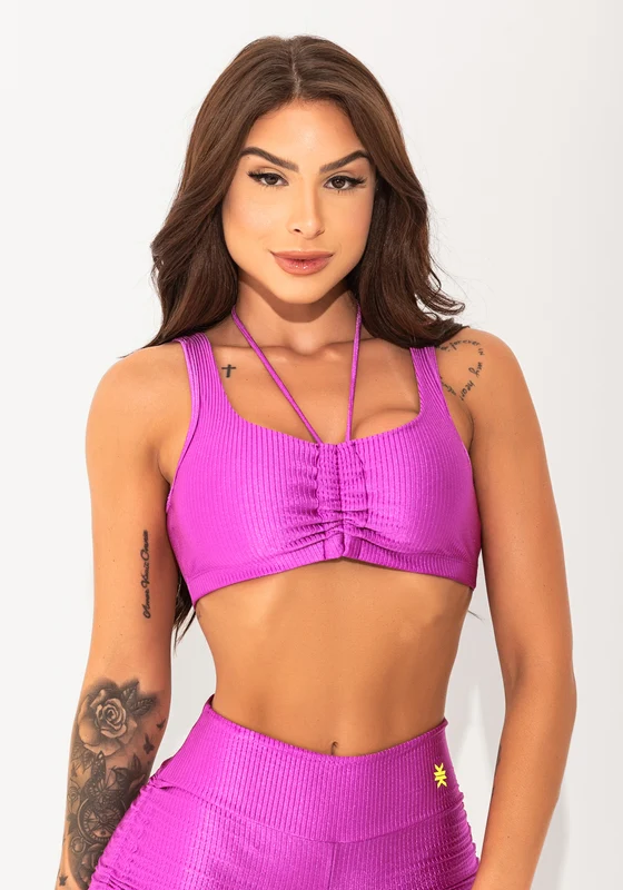 Top Fitness Feminino Rosa Canelado Com Amarração Elegance Dlk ROSA / GG
