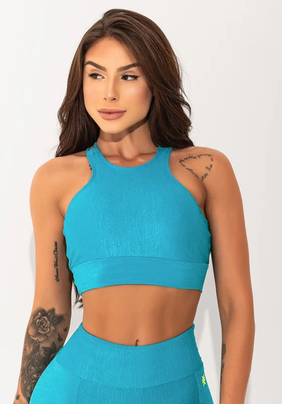 Top Fitness Feminino Azul Texturizado Com Alças Cruzadas Elegance Dlk AZUL / M