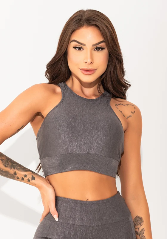 Top Fitness Feminino Cinza Texturizado Com Alças Cruzadas Elegance Dlk CINZA / P