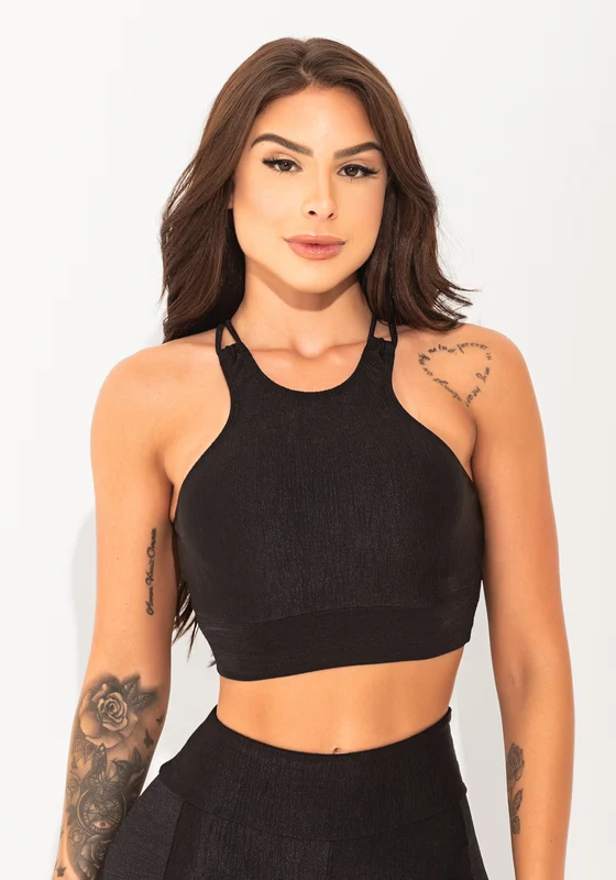 Top Fitness Feminino Preto Texturizado Com Alças Cruzadas Elegance Dlk PRETO / G