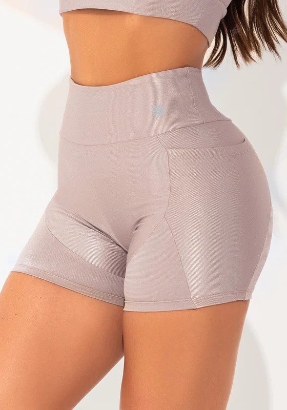 Short Fitness Feminino Nude Canelado Com Bolso E Recortes Elegance Dlk NUDE / P