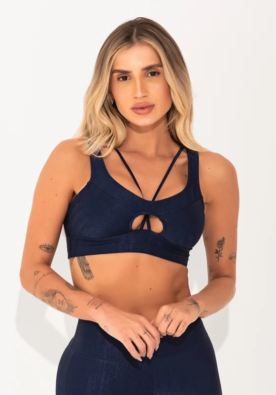 Top Fitness Feminino Marinho Texturizado Cut-out Com Recortes Elegance Dlk AZUL MARINHO / P
