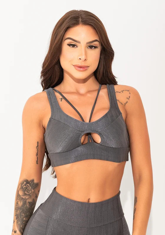 Top Fitness Feminino Chumbo Texturizado Cut-out Elegance Dlk CINZA / GG