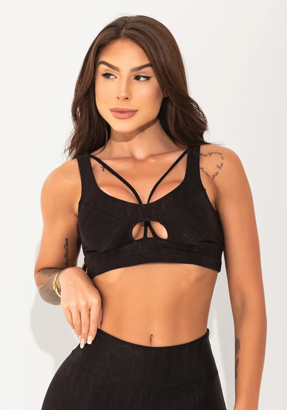 Top Fitness Feminino Preto Texturizado Cut-out Com Recortes Elegance Dlk PRETO / GG