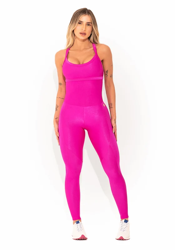 Macacão Fitness Feminino Rosa Canelado com Recortes Elegance Dlk ROSA / G
