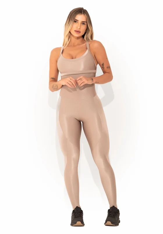 Macacão Fitness Feminino Nude Canelado com Recortes Elegance Dlk NUDE / P