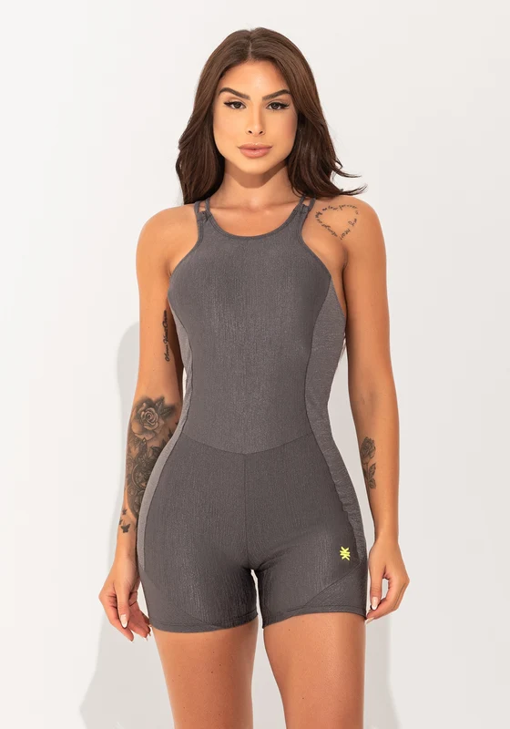 Macacão Curto Fitness Feminino Cinza Texturizado Com Alças Cruzadas Elegance Dlk CINZA / G