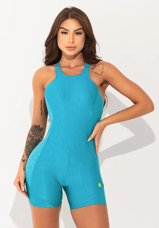 Macacão Curto Fitness Feminino Azul Texturizado com Alças Cruzadas Elegance Dlk AZUL / M