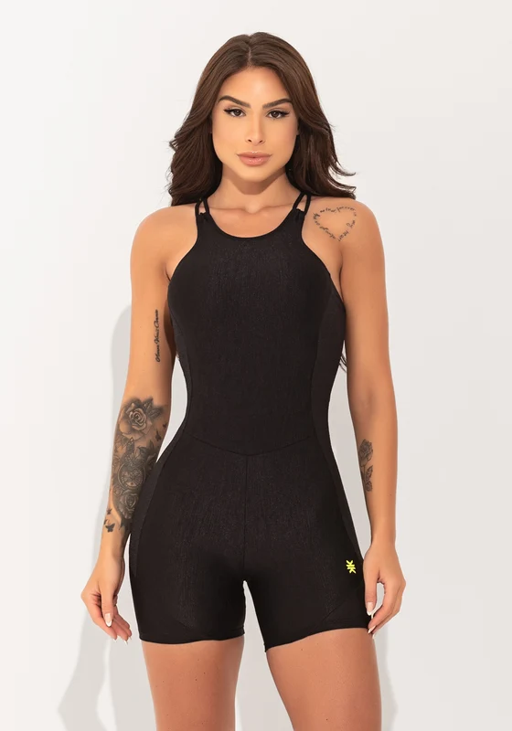 Macacão Curto Fitness Feminino Preto Texturizado com Alças Cruzadas Elegance Dlk PRETO / G