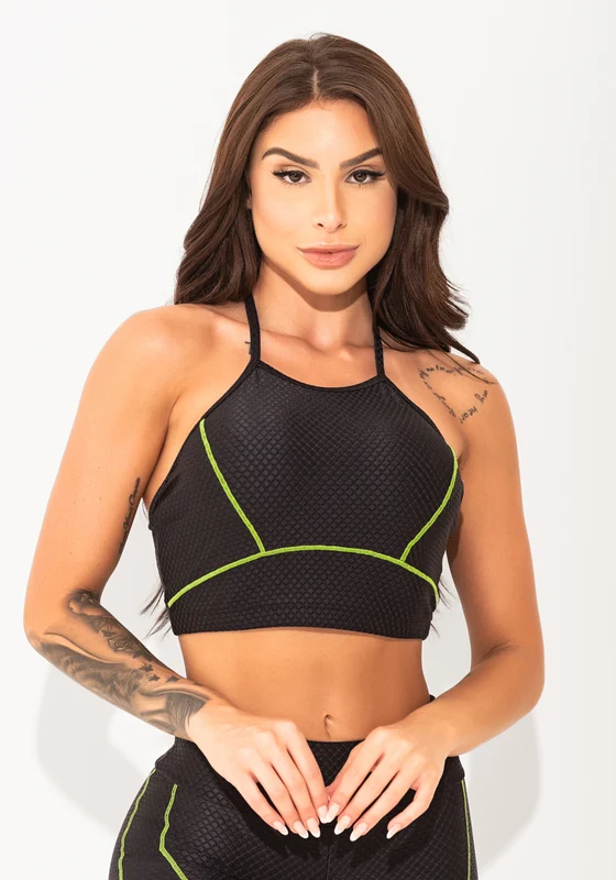 Top Fitness Feminino Preto Texturizado Com Pesponto Elegance Dlk PRETO / P