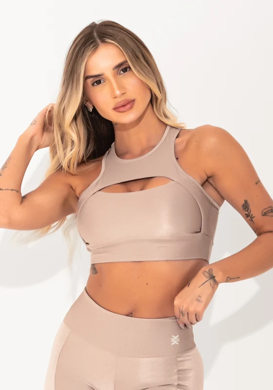 Top Fitness Feminino Nude Canelado Cut-out Elegance Dlk NUDE / G