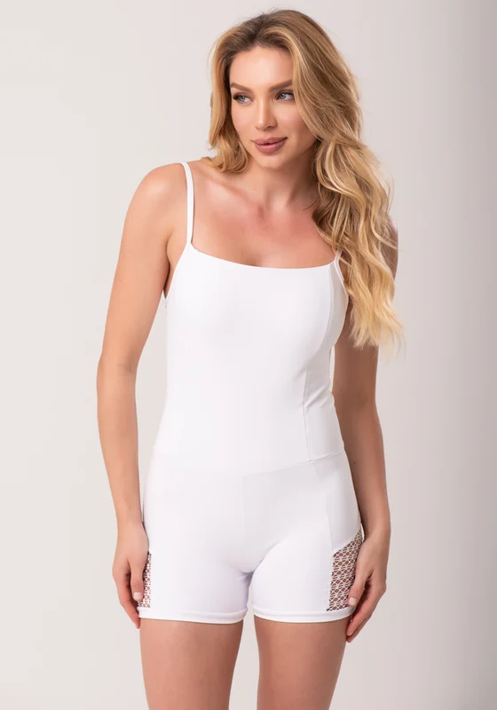 Macacão Curto Fitness Feminino Branco Com Recortes Em Tela New Age Dlk BRANCO / M